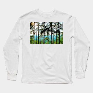 View from Monte San Martino with pine trees, sun, Sibillini and hills Long Sleeve T-Shirt